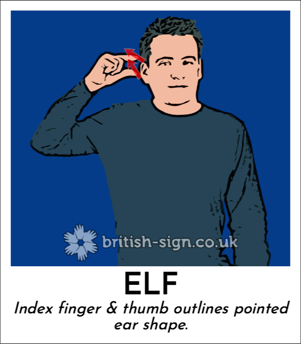 Elf: Index finger & thumb outlines pointed ear shape.